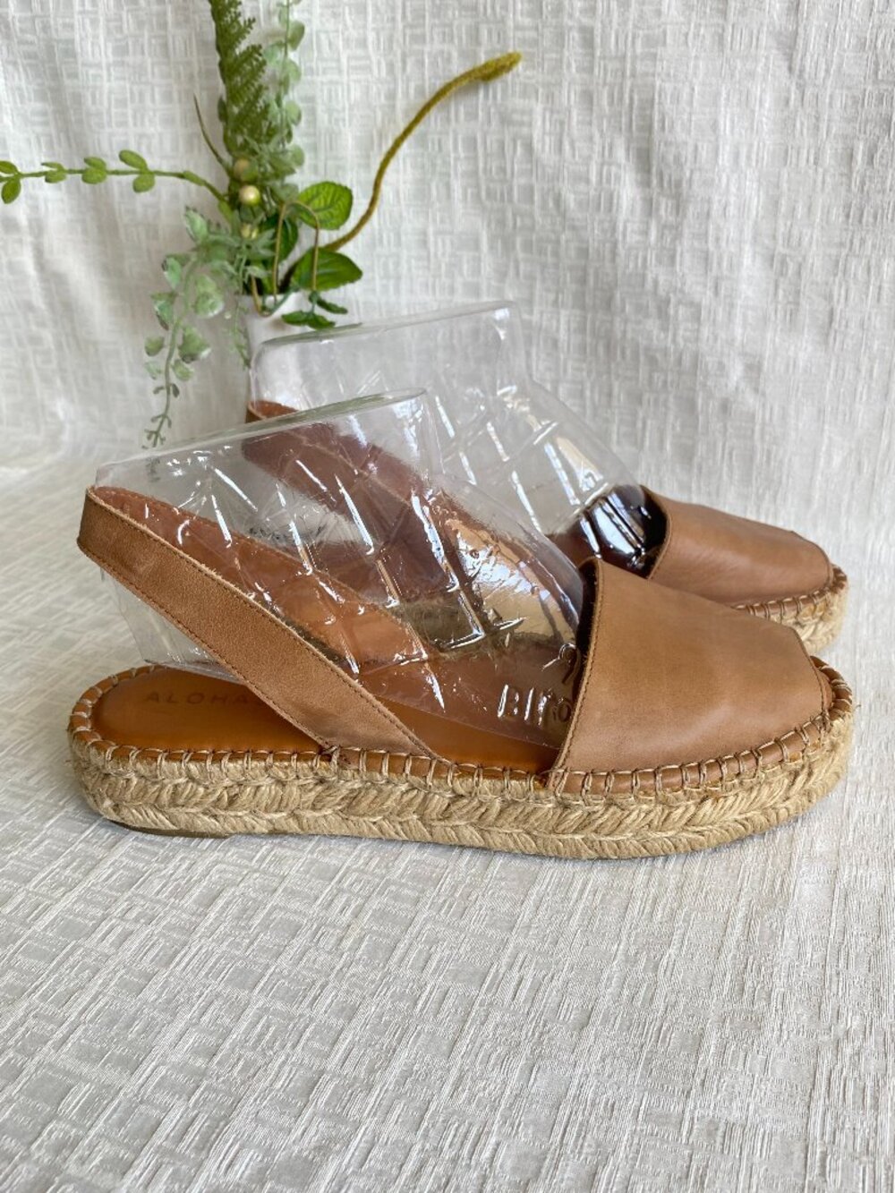 ALOHAS Tan Leather Peep Toe Sling Back Platform Espadrille Sandals Sz 10 Spain